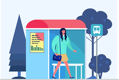 Daily city street walking routine woman character, female waiting bus station isolated on white, flat vector illustration.