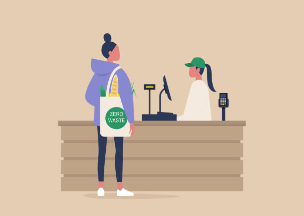 Daily life, a Cashier and a client buying groceries at the supermarket register counter, zero waste shopper, organic food, farmers market Daily life, a Cashier and a client buying groceries at the supermarket register counter, zero waste shopper, organic food, farmers market supermarket silhouettes stock illustrations