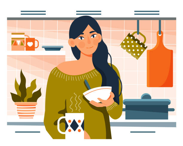 stockillustraties, clipart, cartoons en iconen met dagelijks levens concept. jonge vrouw ontbijten in haar keuken - woman eating
