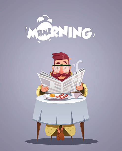 illustrazioni stock, clip art, cartoni animati e icone di tendenza di vita mattutina quotidiana. giovane che sta facendo colazione - young man read newspaper