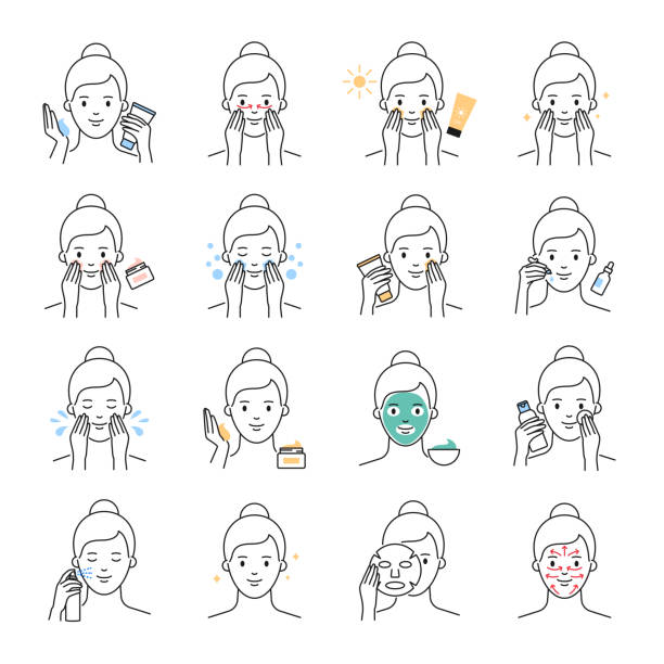 Daily skin care, beauty treatment vector icons set Daily skin care, beauty treatment vector icons set routine illustrations stock illustrations