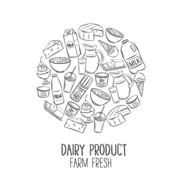 Dairy product banner. Dairy product banner. Engraving yogurt, milk, cottage cheese and smoothies. Sketch butter, sour cream, camembert and whipped cream. Vector illustration. Retro style. smoothie drawings stock illustrations