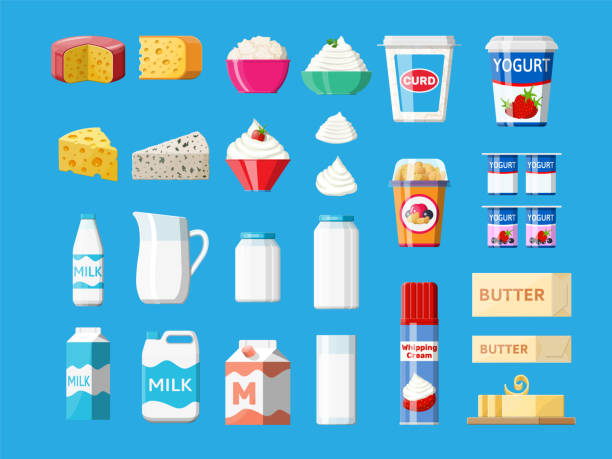 Dairy products set. Collection of milk food. Dairy products set. Collection of milk food. Milk, cheese, yogurt, butter, sour cream, cottage, cream. Tradicional farm products. Vector illustration in flat style cheese icons stock illustrations