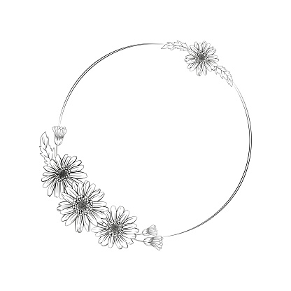 Daisy flower wreath, daisy flower isolated line art illustration