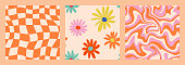 istock 1970 Daisy Flowers, Trippy Grid, Wavy Swirl Seamless Pattern Set in Orange, Pink Colors. Hand-Drawn Vector Illustration. Seventies Style, Groovy Background, Wallpaper. Flat Design, Hippie Aesthetic. 1370464698