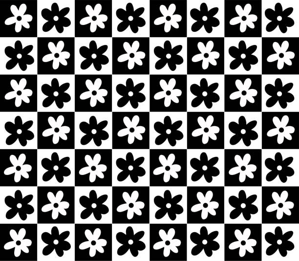 daisy flowers Illustration of daisy flowers with white petals and black centers arranged in a grid pattern checked pattern stock illustrations