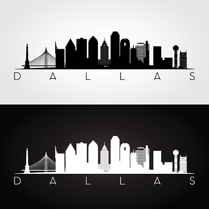 Dallas USA skyline and landmarks silhouette, black and white design, vector illustration.