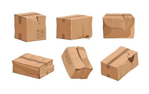 Damaged box. Cartoon broken package. Ripped and wet shipping cardboard packaging. Cargo and mail parcels set. Wrinkled containers. Vector poor quality delivery or warehouse storage