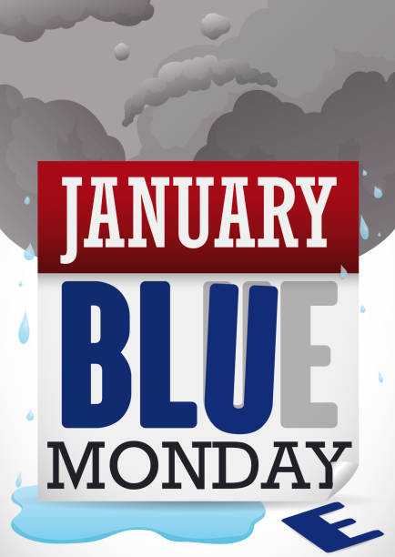 поврежденный календарь и грустное лицо в облаках во время голубого понедельника - blue monday stock illustrations