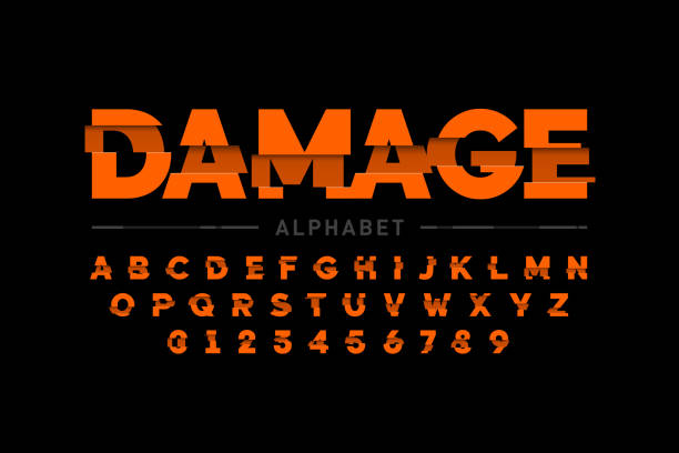 Damaged font Damaged font design, alphabet letters and numbers vector illustration broken stock illustrations