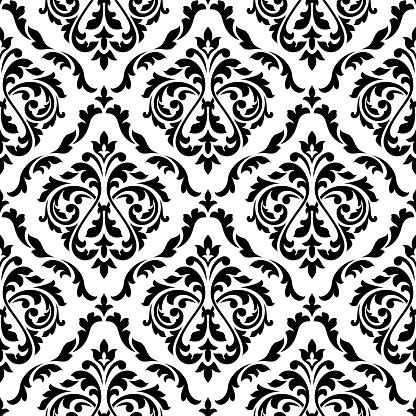 Damask black and white floral seamless pattern
