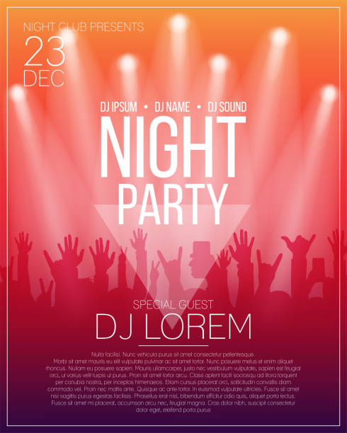 Dance party flyer or poster design template. Night party, dj concert, disco party background with spotlights Dance party flyer or poster design template. Night party, dj concert, disco party background with spotlights and people crowd. Vector performance designs stock illustrations