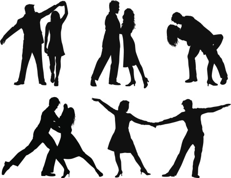 Silhouettes of couples dancing.  This file is layered and grouped, ready for editing.