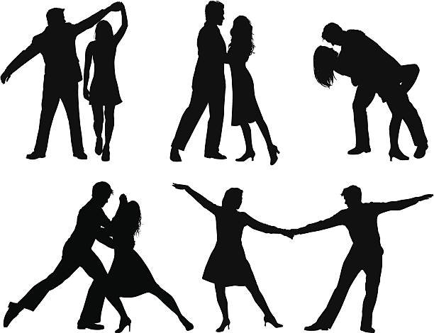 Dance Silhouettes of couples dancing.  This file is layered and grouped, ready for editing. dancing silhouettes stock illustrations