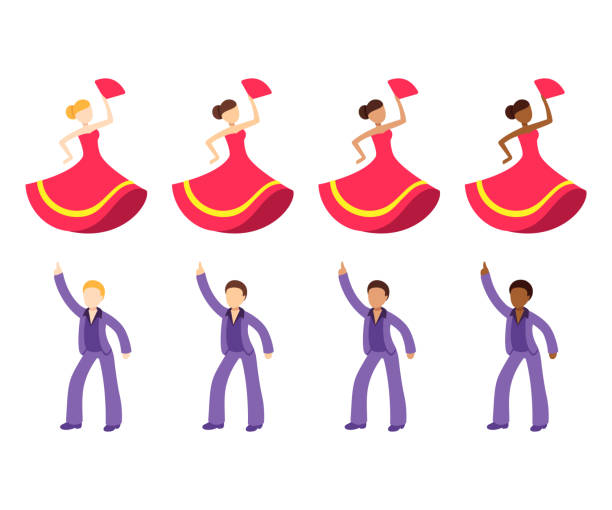 Dancer emoji icon set Male and female dancer emoji set. Disco dancing man and flamenco dancer woman with different skin tone color. Flat cartoon vector icon collection. dancing stock illustrations