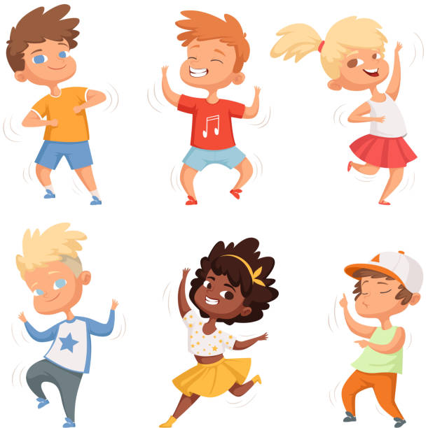 bildbanksillustrationer, clip art samt tecknat material och ikoner med dansande childrens manliga och kvinnliga. uppsättning vector tecken - kids dancing