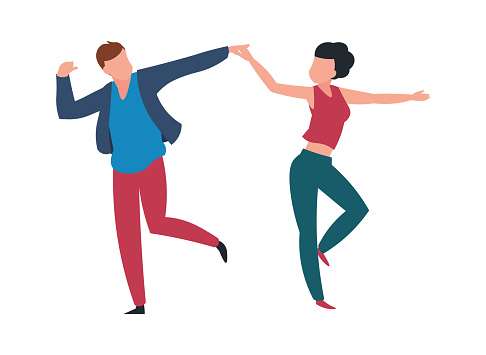 Dancing couple. Cartoon pair at choreography lesson. Cheerful people move holding hands. Isolated dancers resting together at nightclub party or music festival. Vector illustration