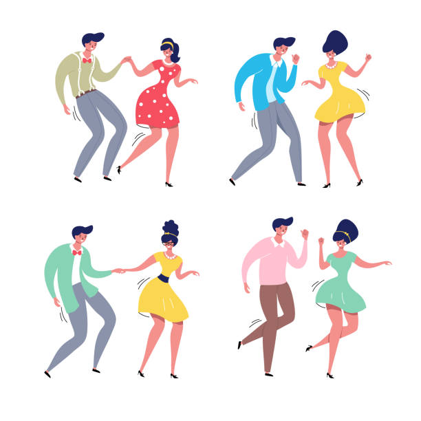 seyirciler ile dans eden çift. rockabilly dans partisi. i̇zleyicilerle mutlu swing dansçılar vektör illüstrasyon izole - salsa dancing stock illustrations