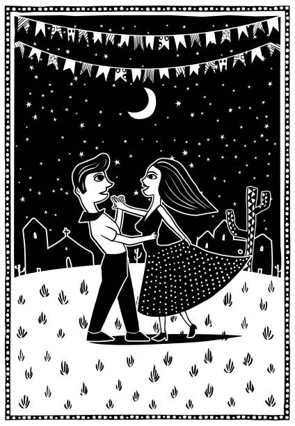 Dancing in the moonlight. Cute couple dancing. Big party Festa junina traditional Brazilian woodcut style vector illustration Dancing in the moonlight. Cute couple dancing. Big party Festa junina traditional Brazilian woodcut style vector illustration northeast stock illustrations