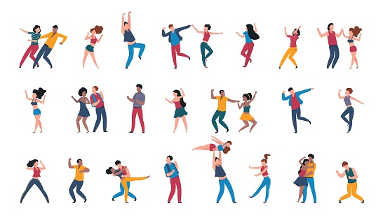 Dancing pairs. People dance alone, couples having fun at disco party. Dancers move to music in club or musical festival. Happy characters perform choreographic movements, vector set