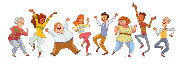 Dancing people. Group of people of different ages and nations jumping up with raised hands together having fun or celebrating success. Cartoon characters. Funny vector illustration. Isolated on white