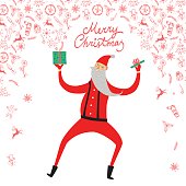 Vector illustration with cute dancing Santa Claus with gift box and doodle christmas symbols. Christmas illustration for your design.