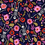 istock Dancing skeletons in the floral garden. Vector holiday illustration for Day of the dead or Halloween. Funny fabric design. 935347070
