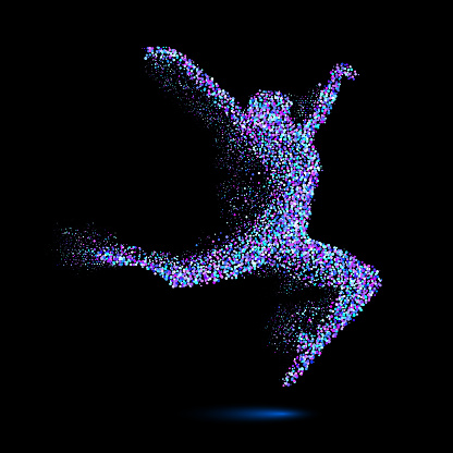 Dancing Woman in the Form of Blue Particles on Black
