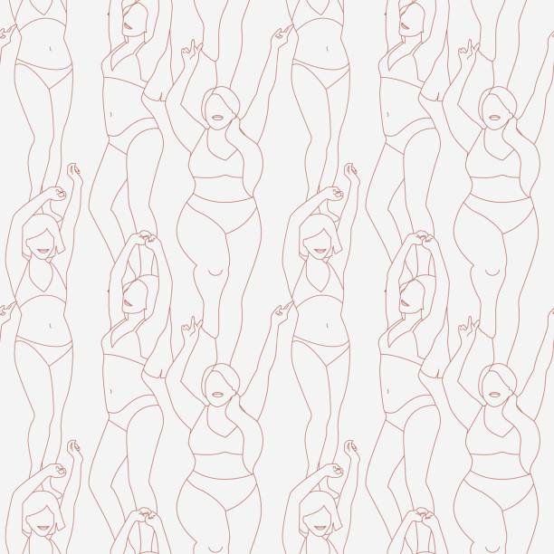 Dancing women vector seamless pattern Dancing women vector seamless pattern. Repeatable pattern with linear female dancing characters. Body positivity, diversity, togetherness concepts. positive body image stock illustrations