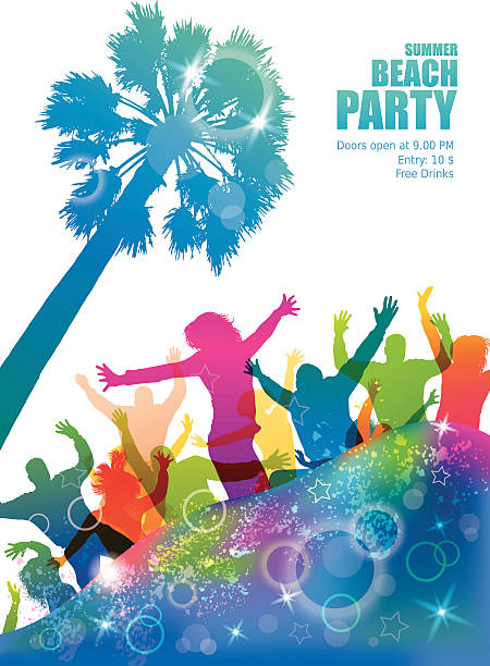 Dancing young people on the tropical beach. Party banner. The file has a transparency effect. summer silhouettes stock illustrations
