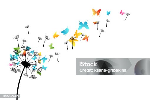 istock Dandelion with flying butterflies and seeds. Vector isolated decoration element from scattered silhouettes. Conceptual illustration of freedom and serenity. 1146829319