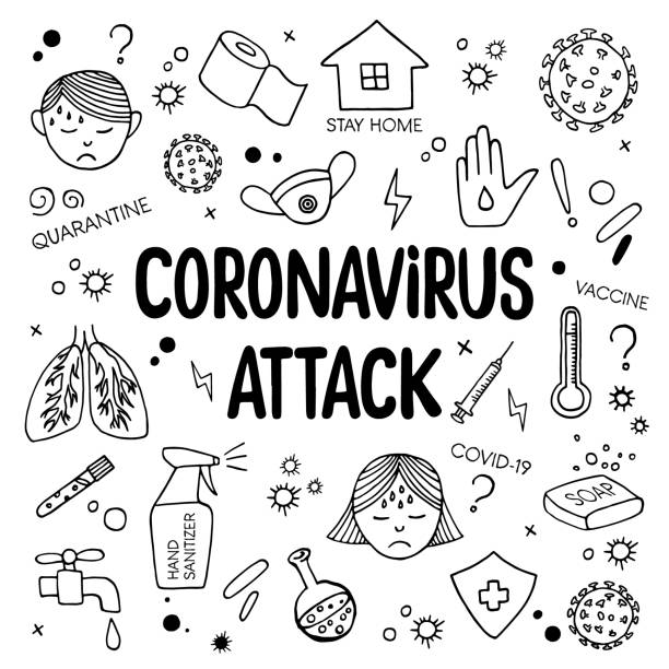 Dangerous coronavirus COVID-2019 background with hand drawn medicine and disease supplies and speech bubble with Coronavirus Attack lettering on white Doodle coronavirus COVID-2019 background pain drawings stock illustrations