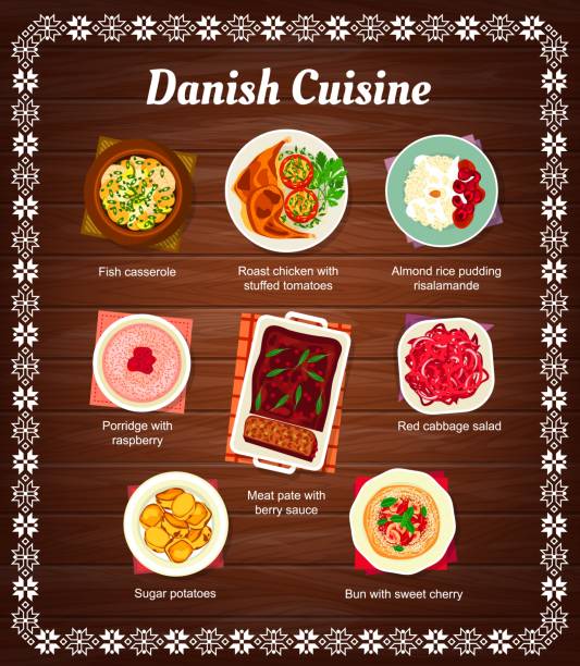 dänische küche menü, gerichte und mahlzeiten - tisch holzteller gedeckt stock-grafiken, -clipart, -cartoons und -symbole
