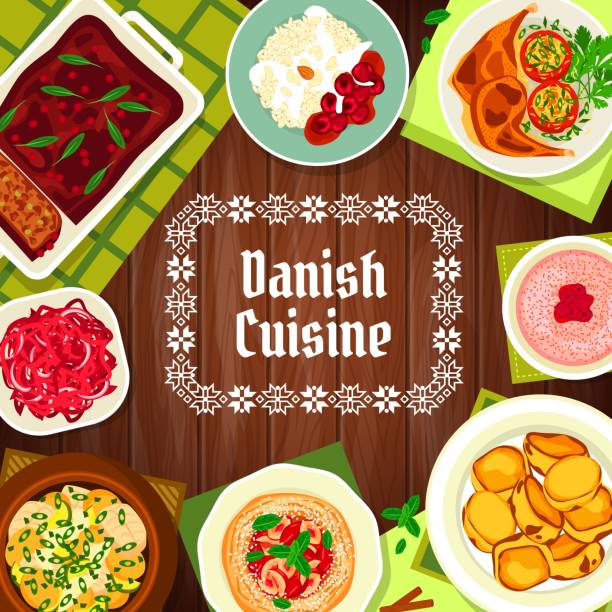 dänische küche, menücover des restaurants, gerichte - tisch holzteller gedeckt stock-grafiken, -clipart, -cartoons und -symbole