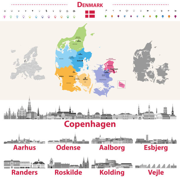 illustrations, cliparts, dessins animés et icônes de skylines danoises dans la palette de couleurs en niveaux de gris. drapeau et carte du danemark - vejle