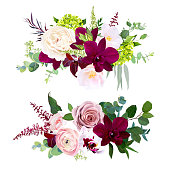Luxury fall floral vector bouquets.Dark and white orchid, garden dusty rose, ranunculus, burgundy red astilbe, pink camellia, green hydrangea and greenery.Autumn wedding flowers. Isolated and editable