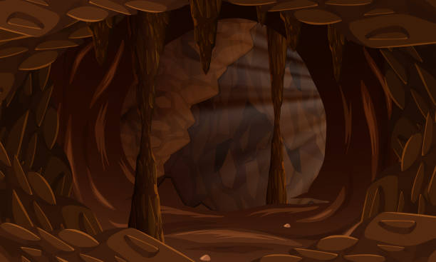 illustrazioni stock, clip art, cartoni animati e icone di tendenza di un paesaggio di caverne scuro - miniera