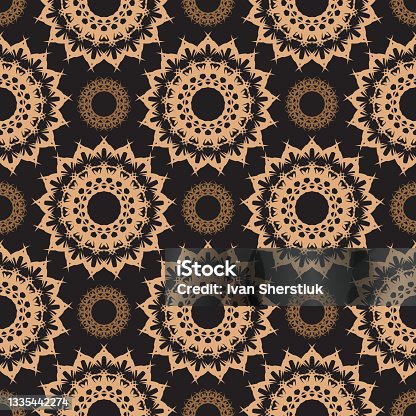 istock Dark dewy seamless pattern with vintage ornaments. Wallpaper in a vintage style pattern. Indian floral element. Ornament for wallpaper, fabric, packaging and paper. Simple style, vector illustration. 1335442274