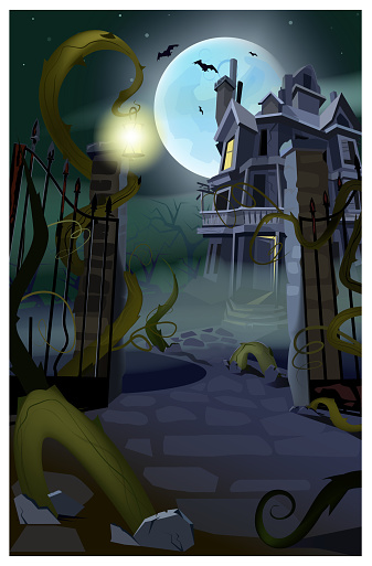Dark gothic house with flying bats vector illustration