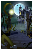 istock Dark gothic house with flying bats vector illustration 1048398516