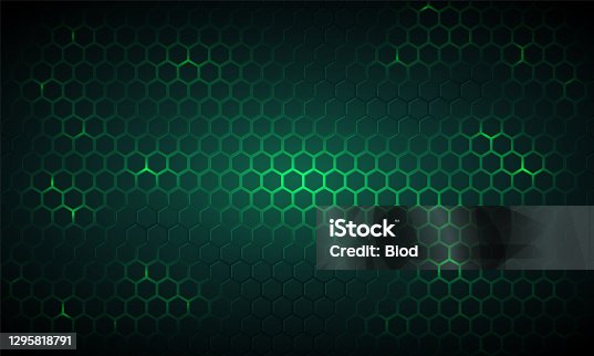 istock Dark green technology hexagonal vector background. Abstract green bright energy flashes under hexagon in dark technology, modern, futuristic vector illustration. 1295818791