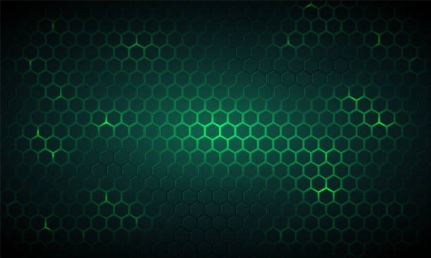 темно-зеленый технологический шестиугольный векторный фон. абстрактная зеленая яркая энергия мелькает под шестиугольником в темной техно - зелёный цвет stock illustrations