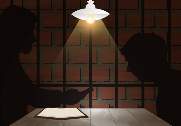 ciemny pokój przesłuchań z detektywem i podejrzanym lub ofiarą. tło więzienia - interview stock illustrations