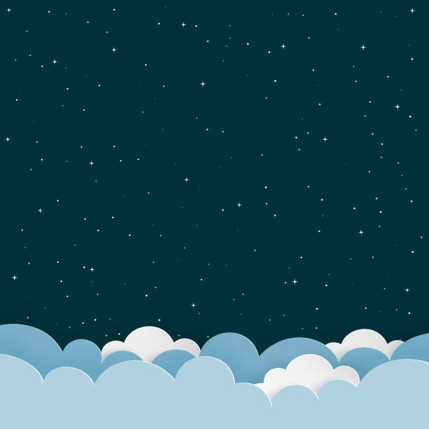Dark night sky background with paper clouds and stars. Blank space background with copy-space. Children room, baby nursery wallpaper, print cover, scrapbook. Vector Illustration. Dark night sky background with paper clouds and stars. Blank space background with copy-space. Children room, baby nursery wallpaper, print cover, scrapbook. Vector Illustration. bed furniture borders stock illustrations