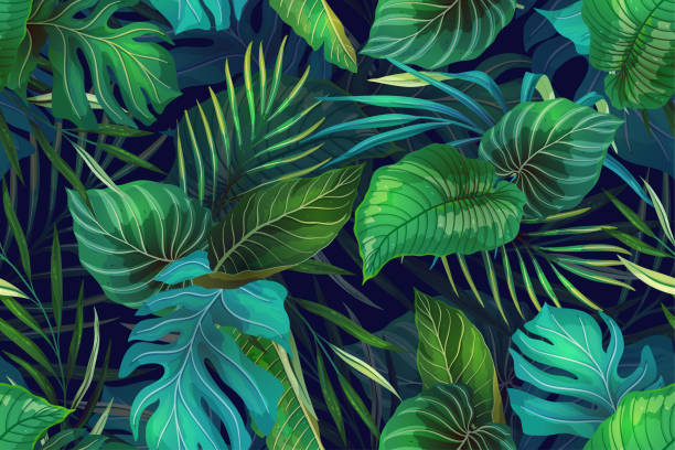 Dark pattern with exotic leaves Seamless vector pattern with exotic tropical plants in modern style. Trendy jungle colorful background design. Nature textile fashion wallpaper print. plant designs stock illustrations