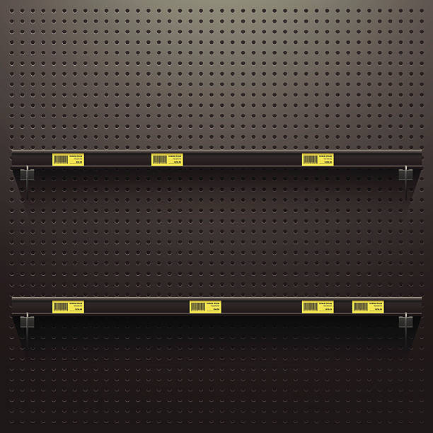Dark Pegboard Background with shelves and price tags Dark Pegboard in workshop Background with shelves and price tags pegboard stock illustrations