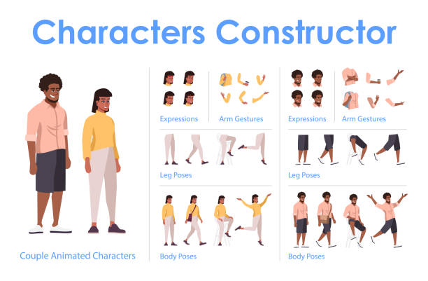 Dark skin couple front view animated flat vector characters design set. Сharacter animation creation cartoon pack. Man, woman constructor with various face emotion, body poses, hand gestures, legs kit  multiple arms stock illustrations
