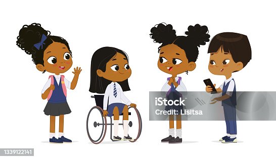 istock Dark skin little girl in wheelchair greeting multiracial diversity classmates at primary class vector illustration. Elementary pupils wearing school uniform studying at inclusion education isolated 1339122141