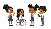 Dark skin little girl in wheelchair greeting multiracial diversity classmates at primary class vector illustration. Elementary pupils wearing school uniform studying at inclusion education isolated