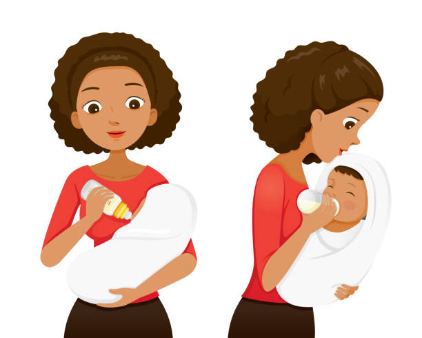 ilustraciones, imágenes clip art, dibujos animados e iconos de stock de madre de piel oscura alimentación de bebé con la leche en biberón, frente y vista lateral - baby formula
